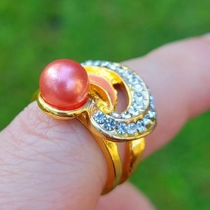Faux Pink Pearl Diamond Gemstone Golden Ring Size 7